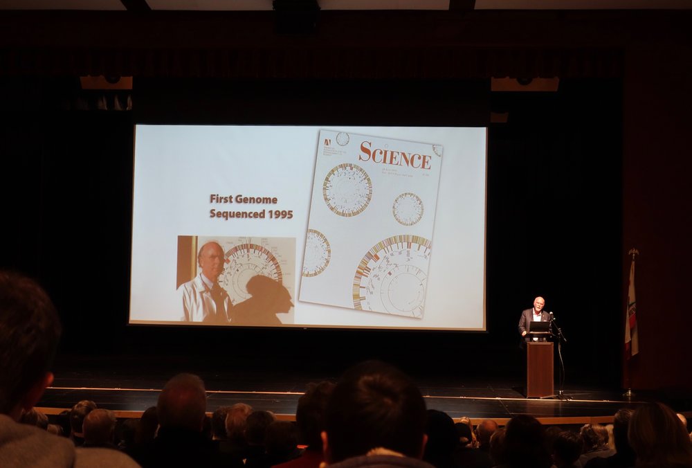  Genomics pioneer J. Craig Venter gives a presentation to the community at Mills High School. 