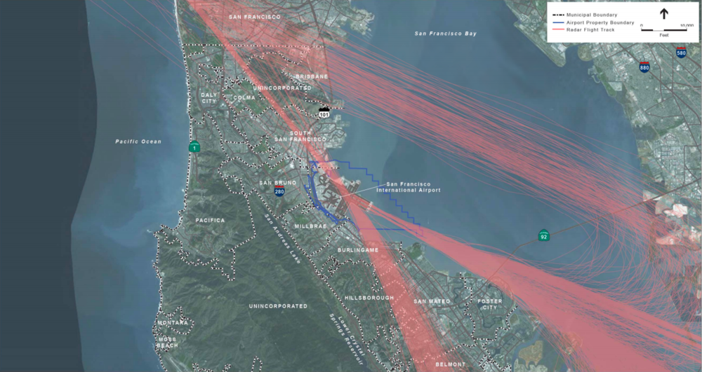 The radar paths of planes landing on runway 28L and 28R, the most common approach to SFO, in 2014.