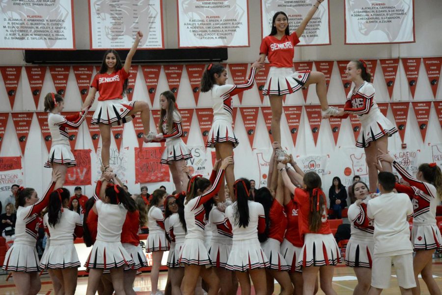 The Burlingame cheer squad performed on Feb. 1 for senior night, the last home game of the basketball season.