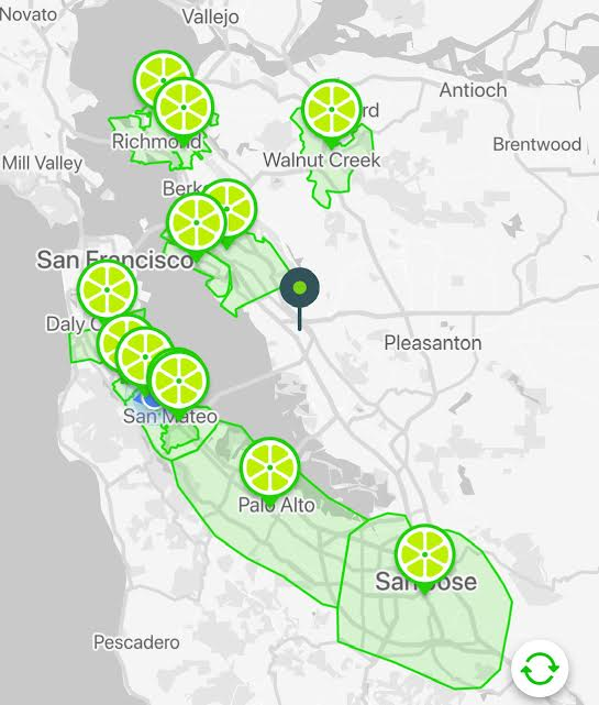 A screenshot from the Lime App, with each Lime logo representing one bike in the area, showing the few bikes left in the area.