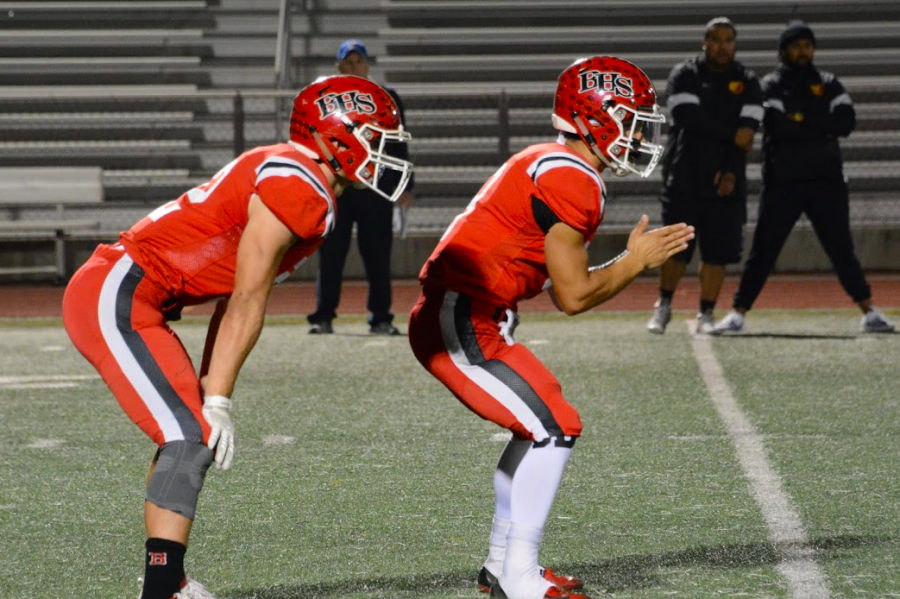 Quarterback Jordan Malashus and running back Lucas Meredith line up for a play against Menlo Atherton on October 25th.