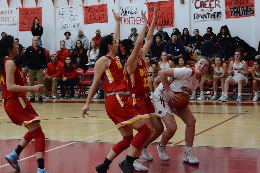 Freshman Ava Ulrich pushes past the mills defense.