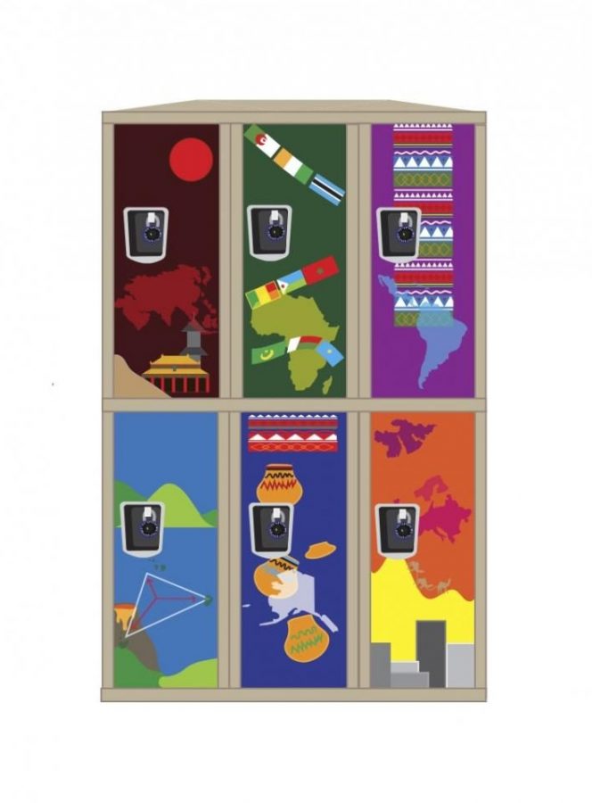 Each locker depicts different regions of the world and different cultures in an attempt to represent the diversity of Burlingame. Speakers at the Board meeting expressed the need for cultural and ethnic representation in order to make students feel included. 

*note: The artist chose to represent cultures broadly but was unable to include all cultures. She appreciates and recognizes the need for representation and attempted to do so through nonspecific symbols for geographical regions.