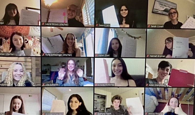 The cast of “Help Desk” show off their scripts on their first day of Zoom rehearsal. 