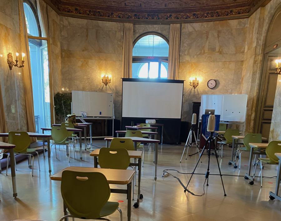 An altered high school classroom at Crystal Springs. At the end of October, Crystal Springs returned to a hybrid learning schedule, with students on campus for four days and off for 10. 