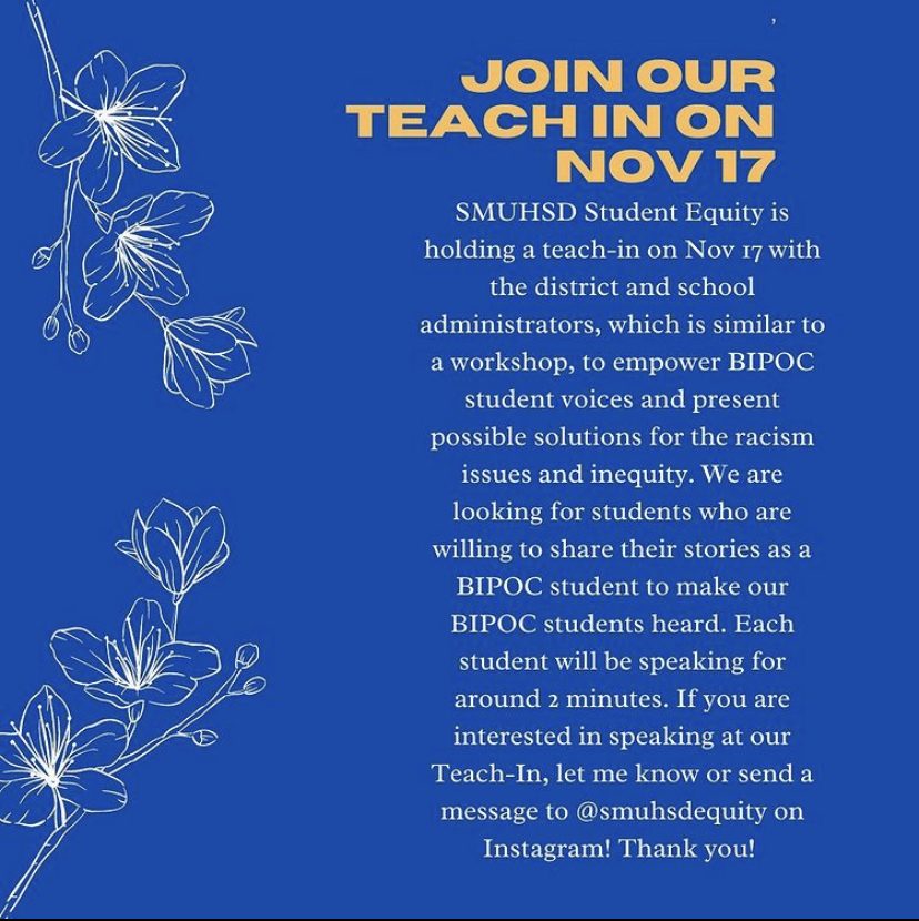 A post from SMUHSD Equity Instagram on Oct. 22 regarding a past teach-in with the District that was held on Nov. 17.