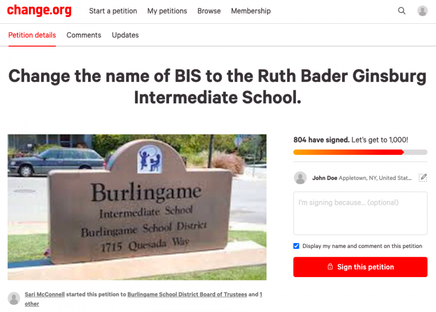 Following the death of Supreme Court Justice Ruth Bader Ginsburg, Burlingame School District parent Sari McConnell created a petition to rename Burlingame Intermediate School after the late justice. The petition can be found on Change.org, where it had accumulated 804 signatures as of Dec. 2.