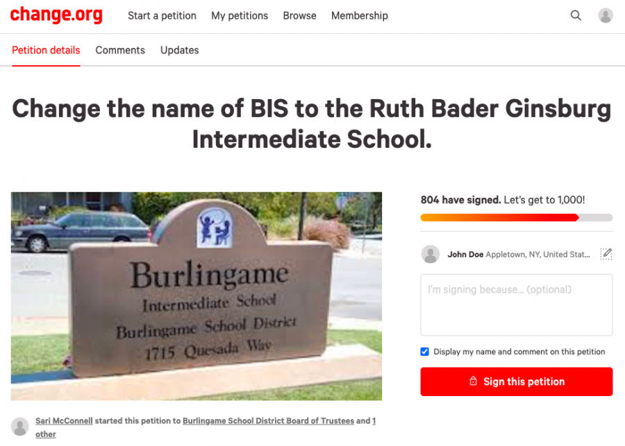 Following+the+death+of+Supreme+Court+Justice+Ruth+Bader+Ginsburg%2C+Burlingame+School+District+parent+Sari+McConnell+created+a+petition+to+rename+Burlingame+Intermediate+School+after+the+late+justice.+The+petition+can+be+found+on+Change.org%2C+where+it+had+accumulated+804+signatures+as+of+Dec.+2.