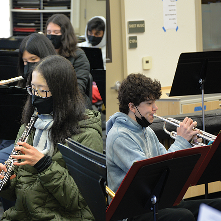 Left: Junior, oboist, and All-State band musician Audrey Limb practices in class on Jan. 24. Right: Senior, trumpeter, and All-State lead trumpet Johnny Willy rehearses in class on Jan. 25. 