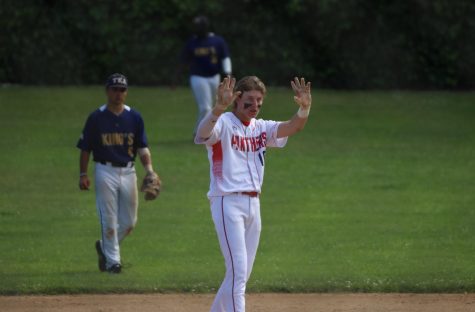  Senior Charlie Dohemann gestures to the dugout after his first of two doubles against The Kings Academy on Friday, May 6.