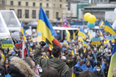 Activists gather at a rally in Vancouver, Canada on Feb. 26 to protest the Russian invasion of Ukraine.