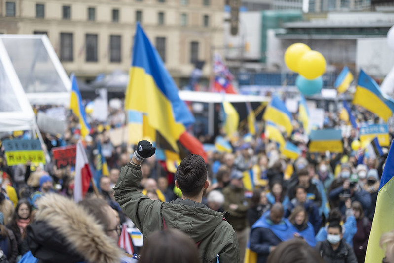 Activists gather at a rally in Vancouver, Canada on Feb. 26 to protest the Russian invasion of Ukraine.