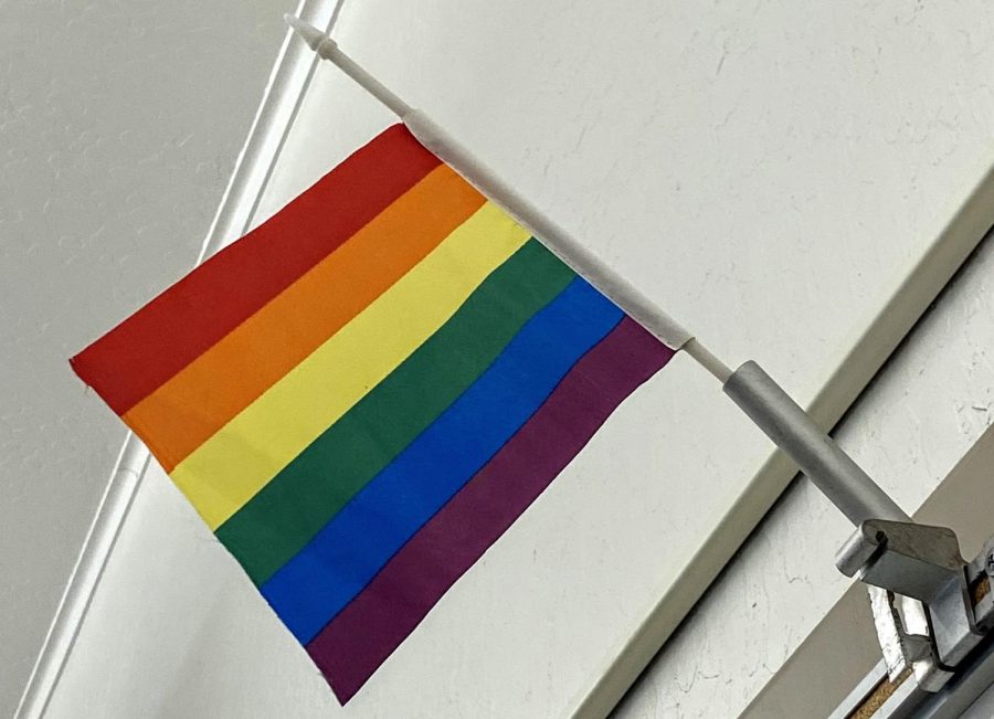 A pride flag hangs up in Ms. Murphys classroom. She, along with other BHS teachers has hung up pride flags to show their support for the LGBTQ+ community and to encourage a safe space where students can feel comfortable about their identity.