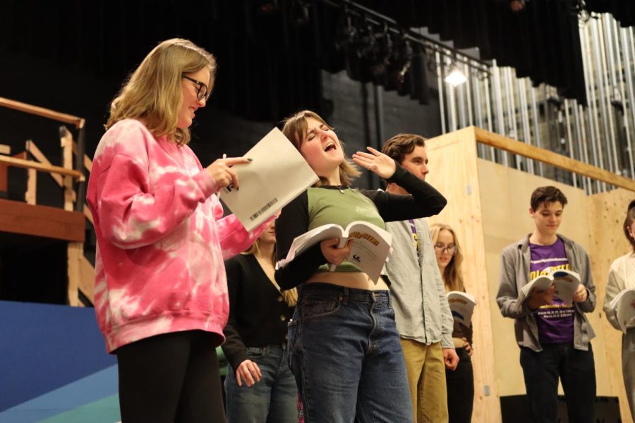 Elizabeth Diehl (Left) and Ayden West (Right) rehearse side by side for their debuts as supporting characters in Disaster!.