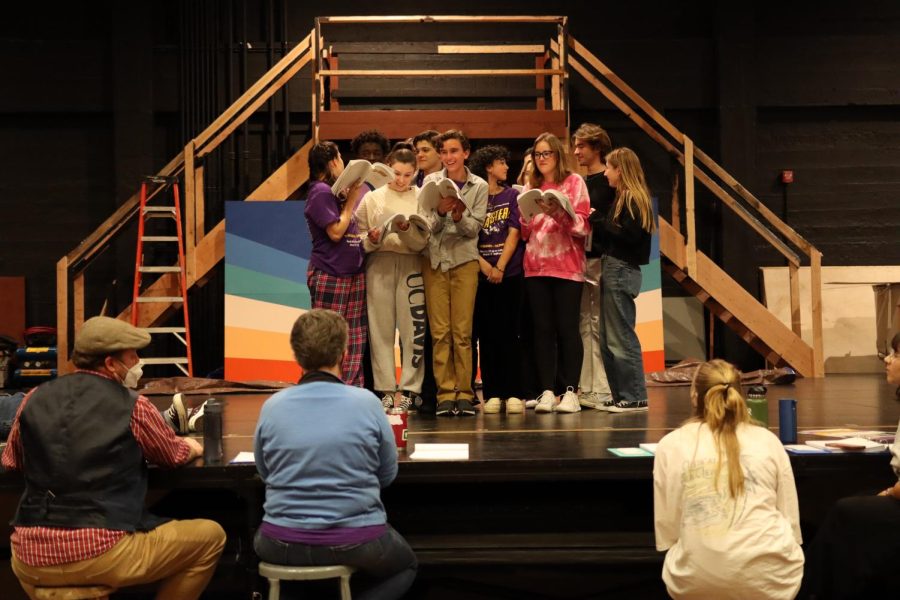 All 11 supporting characters huddle on stage in a clump as Cindy Skelton and her crew analyze how to improve the scene.