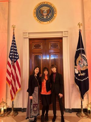 Charlee Trenkle, Jaslene Lai and Anna Hill of AAPI Youth Rising stand in the White House to celebrate Washington’s Lunar New Year Celebration. 