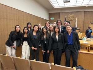 The Mock Trial team gathers at the San Mateo County Courthouse in Redwood City for its official competitions.