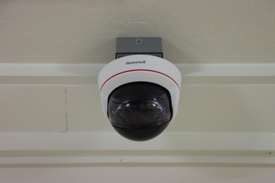 Security+cameras%2C+like+this+one+in+the+A-Building%2C+will+soon+be+added+to+campus+entrances.