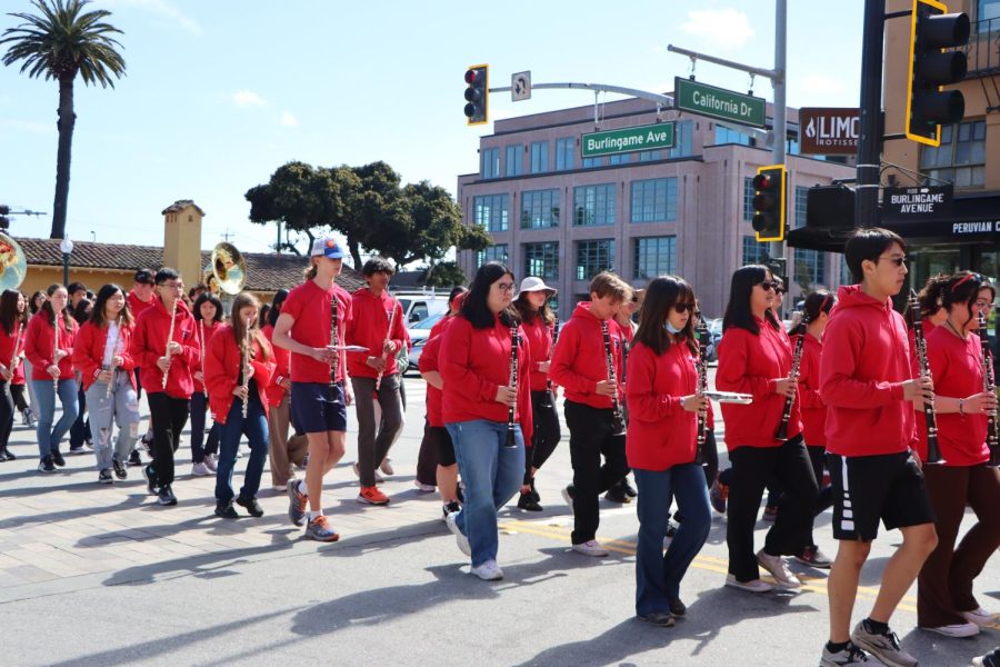 Music students march down Burlingame Avenue and back to Washington Park on Saturday, Apr. 15.