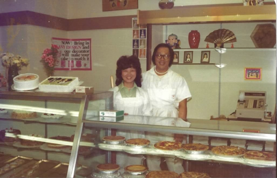 Hatsy and Moses Yasukochi showcase their bakery in Japantown, San Francisco in 1984 to honor their 10 year bakery anniversary.