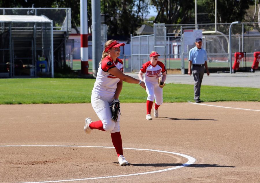 Junior Kasey Lyons pitches on girls’ varsity softball senior night on Thursday, May 11.