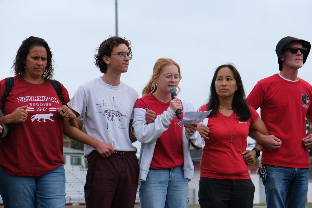 GSA President Violet Hansma speaks at the Friday, Sept. 15 “Welcome Back Rally” following the removal of the Harry Potter theme for spirit week due to concerns over author J.K. Rowling’s transphobic views. 