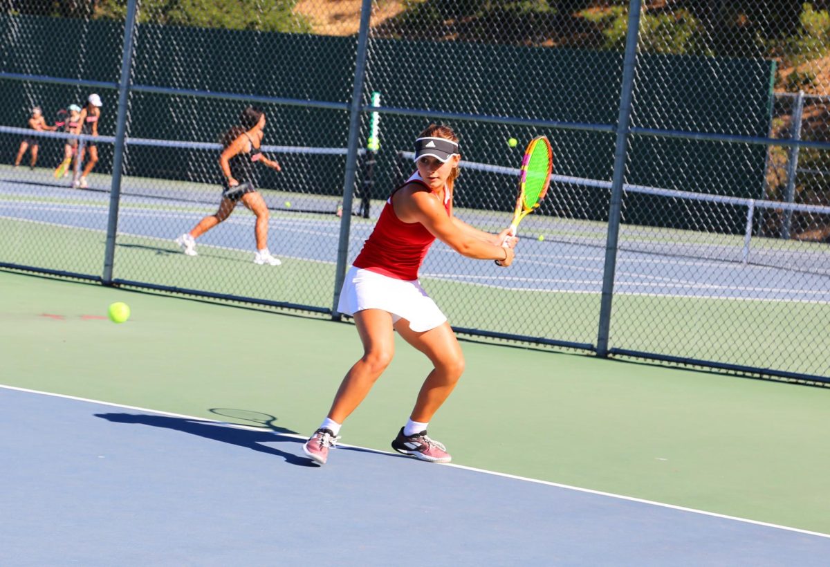 Senior Mila Mulready prepares to hit a backhand during the girls’ tennis match against Aragon.