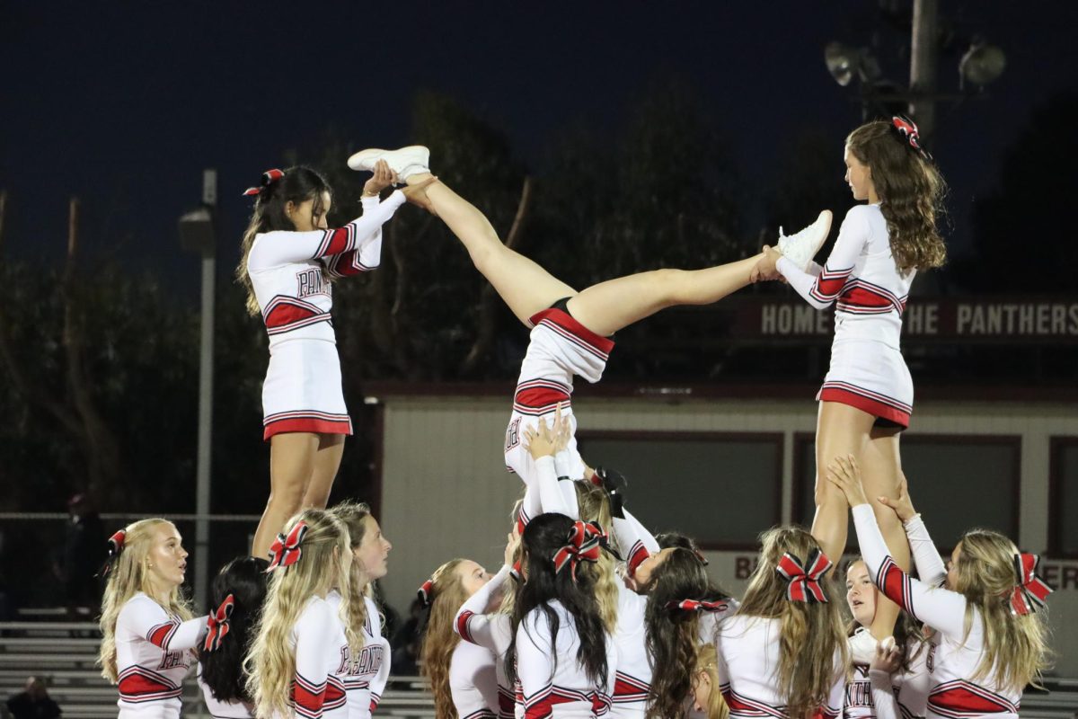 Junior Lucy Istock performs an upside down split during half time on Sept. 8.
