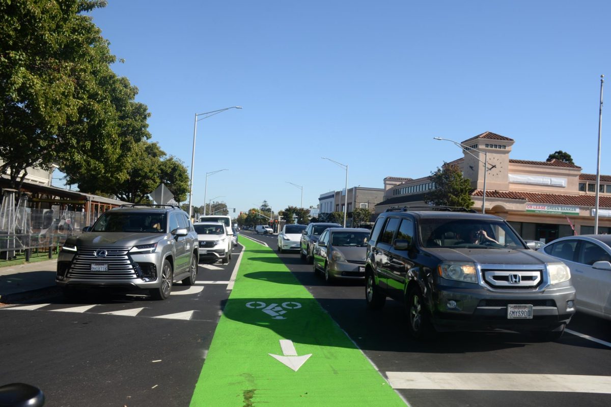 The+green+bike+lane+runs+from+Broadway+Avenue+to+Oak+Grove+Avenue%2C+intended+to+create+a+safe+path+for+cyclists+on+one+of+Burlingame%E2%80%99s+busiest+roads.+