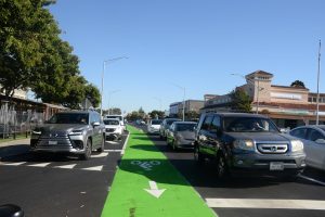 The green bike lane runs from Broadway Avenue to Oak Grove Avenue, intended to create a safe path for cyclists on one of Burlingame’s busiest roads. 