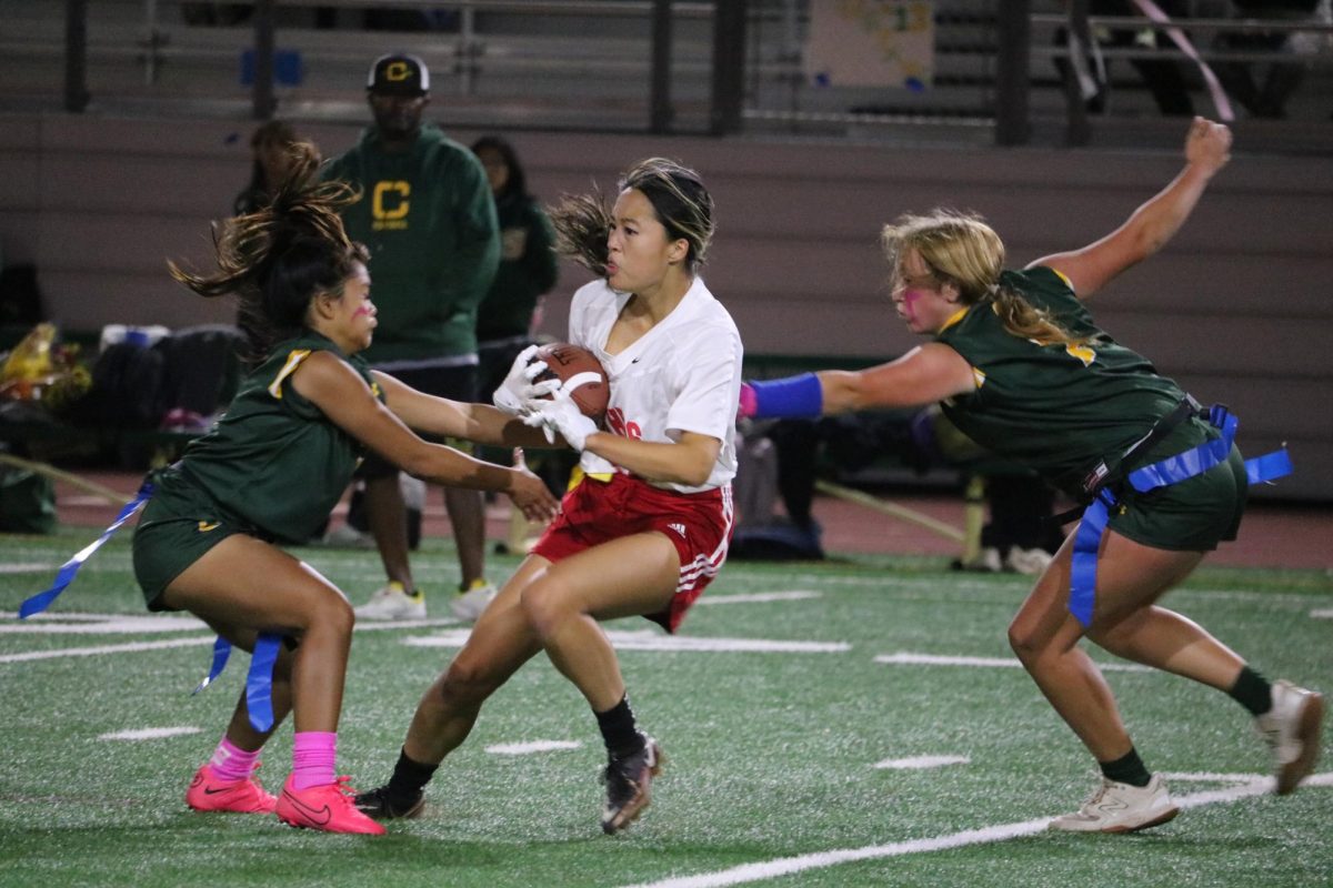 Senior slot receiver Kaylee Ng hauls in a pivotal 25-yard catch. The Panthers went on to score a touchdown on the same drive.