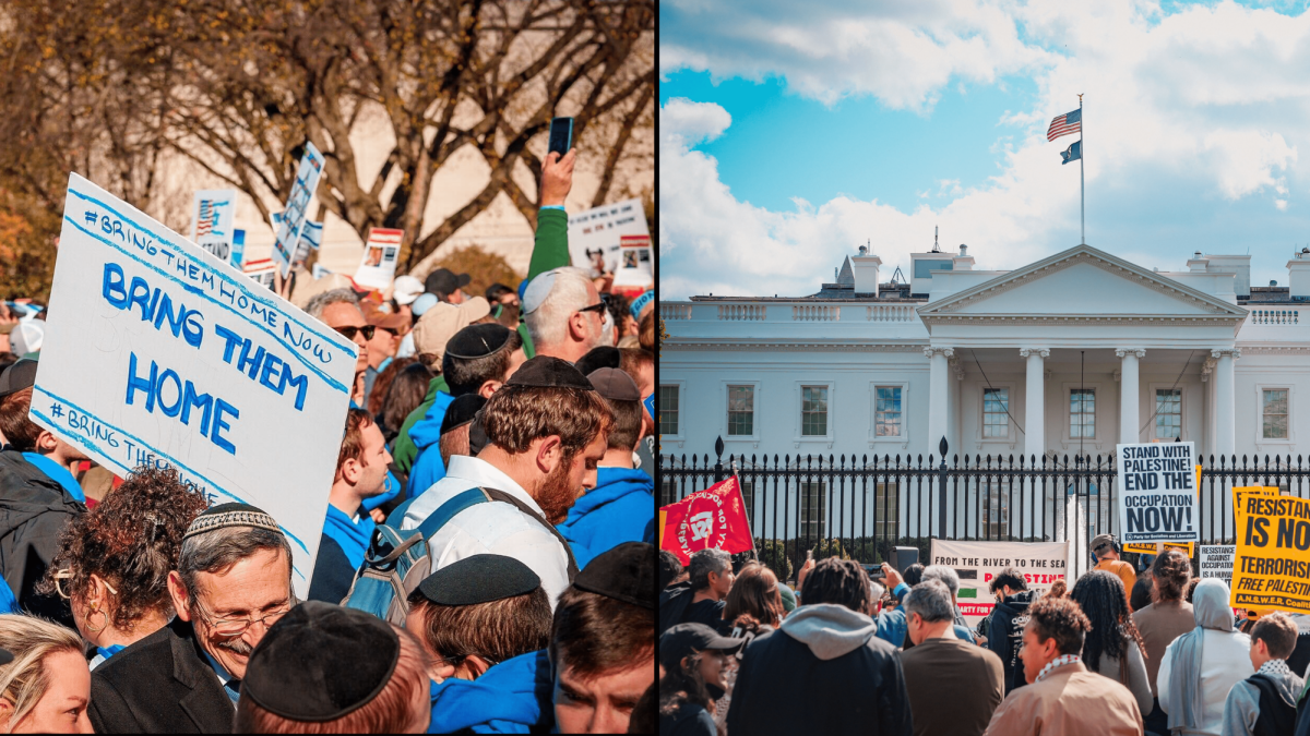 A+pro-Israel+protest+demands+action+from+the+U.S.+government+to+return+hostages+held+by+Hamas+%28left%29+and+a+pro-Palestine+group+protests+in+front+of+the+White+House+%28right%29.+