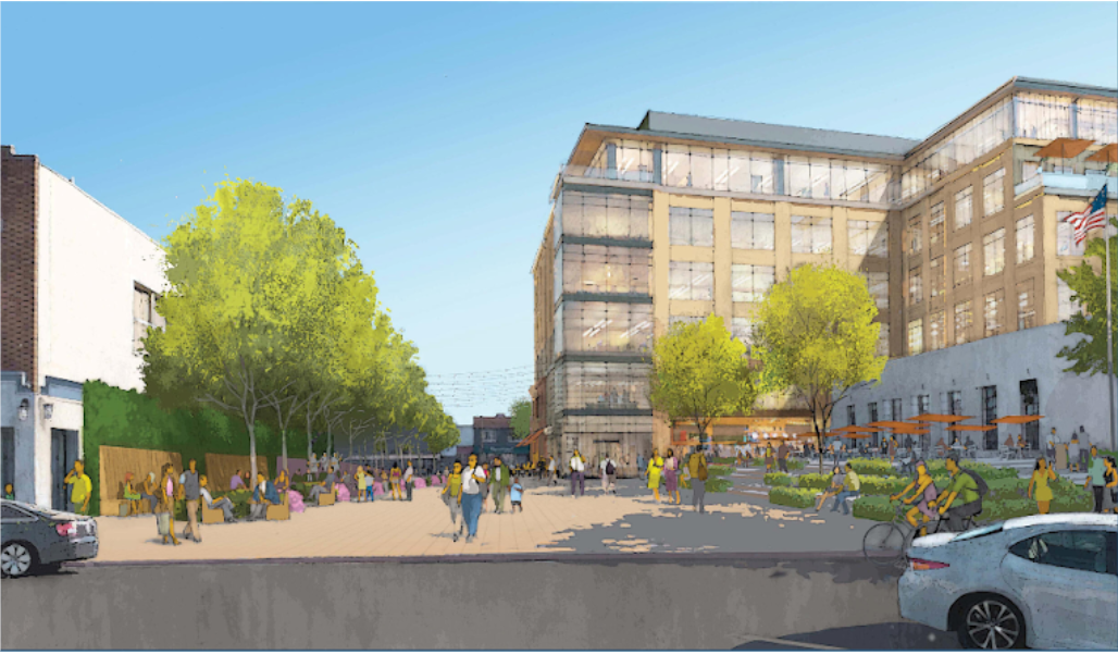A rendering of the view of the town square from Park Road showcases the potential for a modern community space.