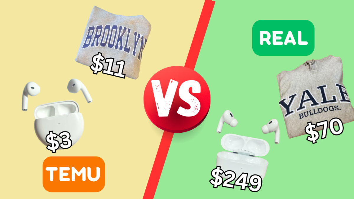 $13 hoodie and $3 earbuds are the items from Temu on the left and the $70 hoodie and $249 earbuds on the right. 