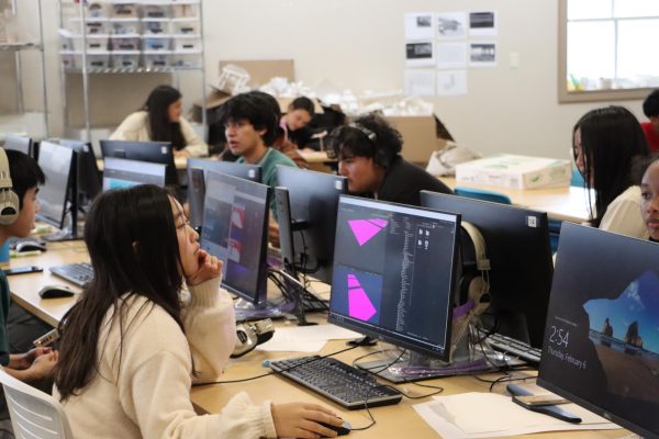 Freshman Sophia Hwang uses 3D modeling software to create terrain.