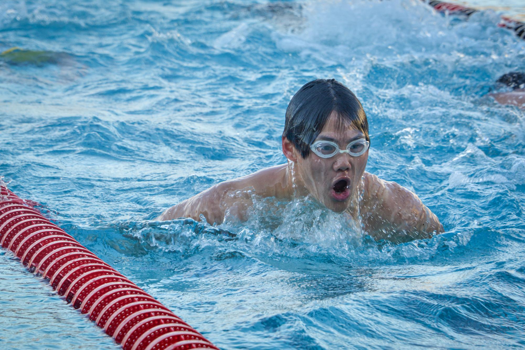 Sophomore Damien Gong works on his butterfly stroke during practice. 