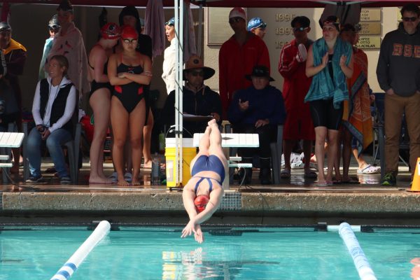 Sophomore Evelyn Hon leads off Burlingame's varsity girls' 200-yard freestyle relay at PAL finals. The team comprised Hon, juniors Marina Chan and Lydia Jiang, and freshman Julia Bowler.