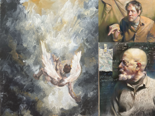 Juniors Emily Meng and Lucas Zhu develop their Advanced Placement (AP) Studio Art portfolios. The painting of Icarus on the left is by Meng, and the two photos on the right are by Zhu.