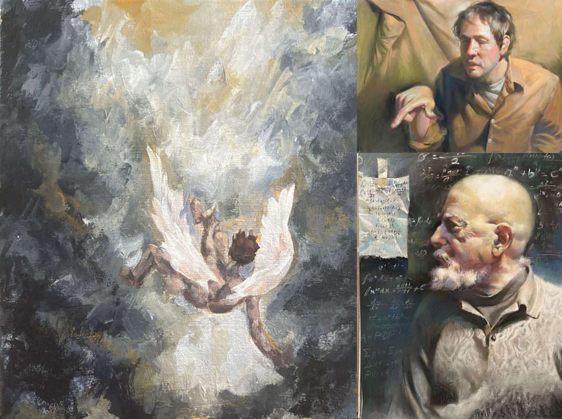 Juniors Emily Meng and Lucas Zhu develop their Advanced Placement (AP) Studio Art portfolios. The painting of Icarus on the left is by Meng, and the two photos on the right are by Zhu.