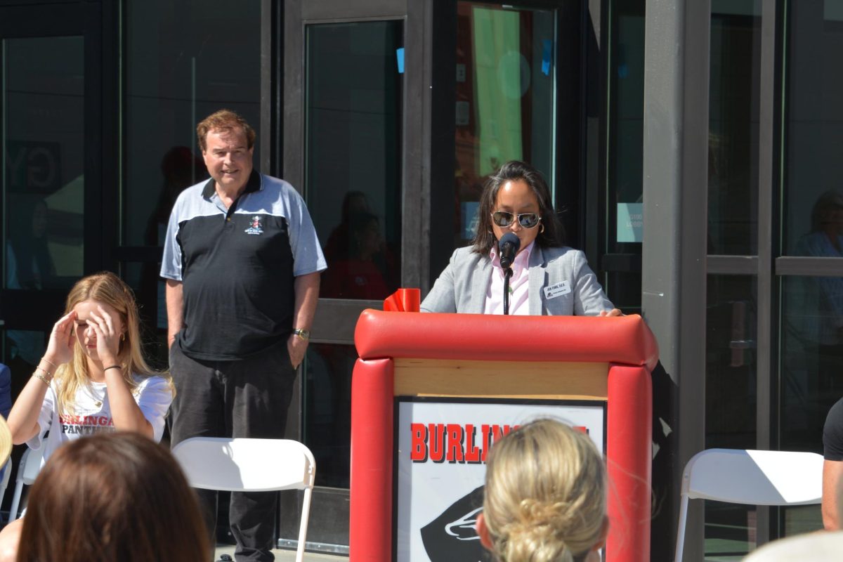 Principal Jen Fong delivers her speech to the crowd at the ribbon-cutting ceremony on Wednesday, Aug. 27.