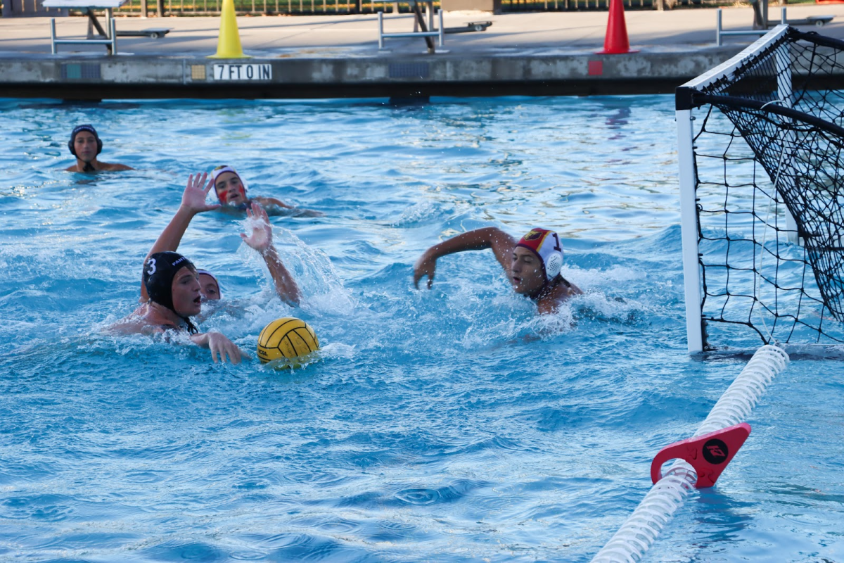 Junior Lucas Carlson battles for the ball in front of the opposing team’s goal.
