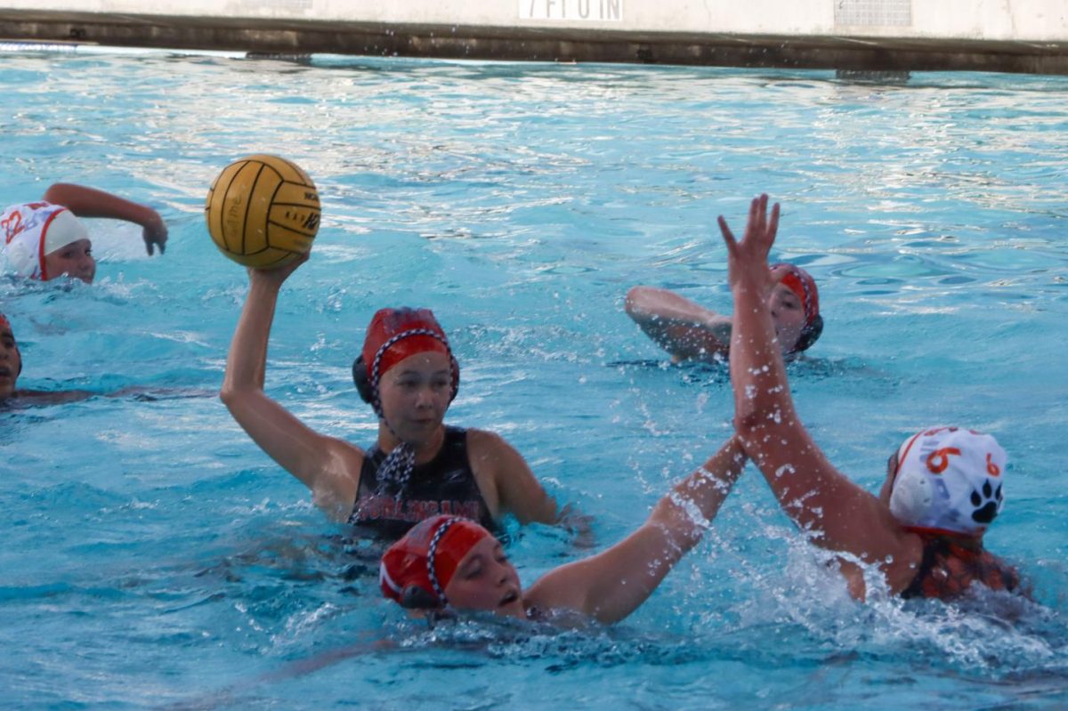 Junior Natalie Chen prepares to take a shot while her teammate in front of her defends a Half Moon Bay player.
