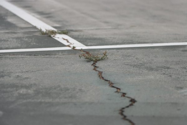 Cracks are visible on the courts near the football field, with weeds beginning to grow through them.