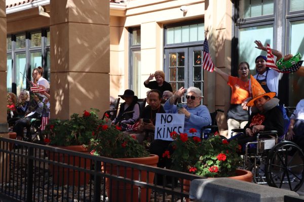 Residents of Sunrise of San Mateo, a senior assisted living facility, gather to show support and join the protest.