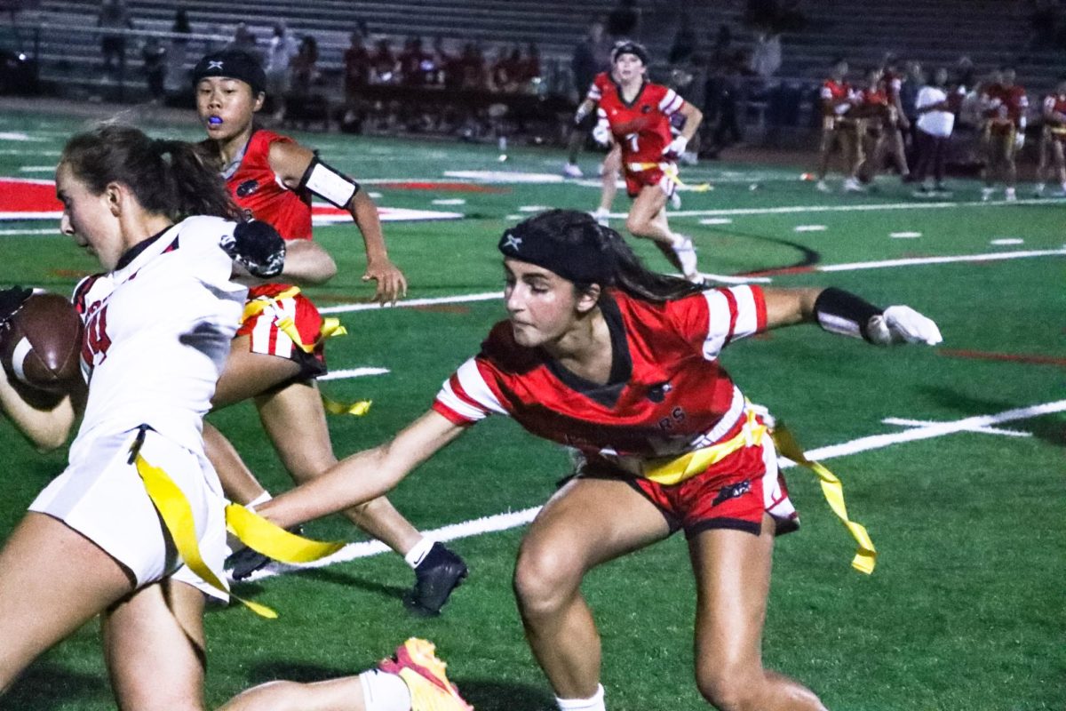 Senior wide receiver Haleh Ansari reaches for the flag during a crucial play.