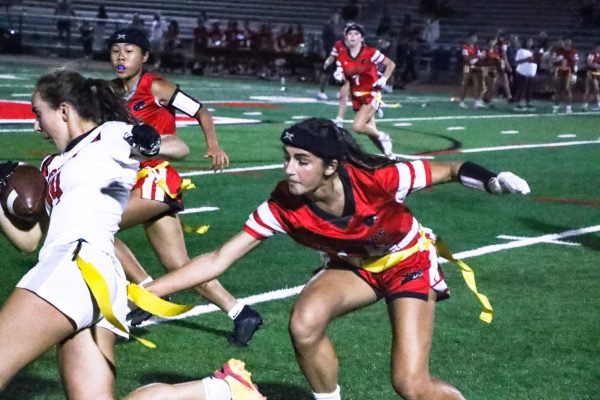 Senior wide receiver Haleh Ansari reaches for the flag during a crucial play.
