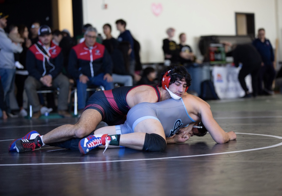 Senior Ravi Krishnan wrestles an opponent at the Central Coast Section Masters tournament. Photo courtesy of Jayden Xie