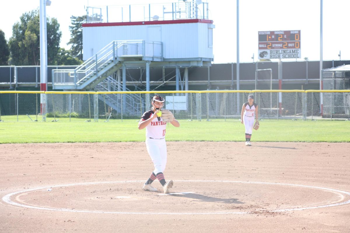 Sophomore Brooke Arce winds up to pitch to her Menlo-Atherton High School opponent.