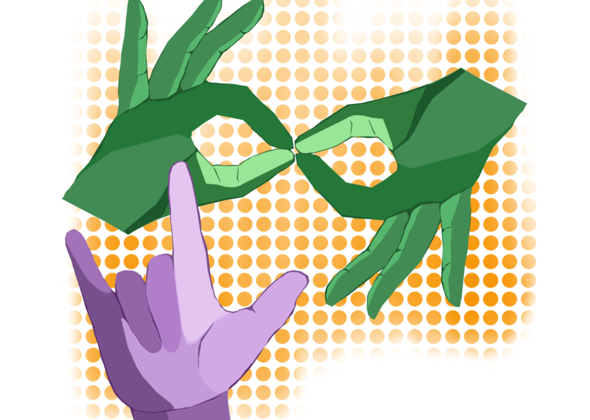 The bottom left sign represents love, while the sign above depicts the universal hand signal for sign language. 
