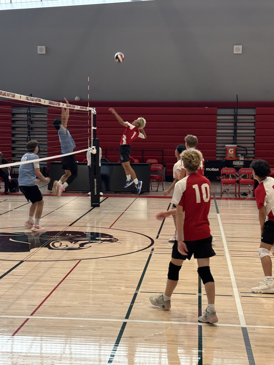 Right-side hitter sophomore Bat-Erdene Tuvdendorj jumps in preparation to attack.